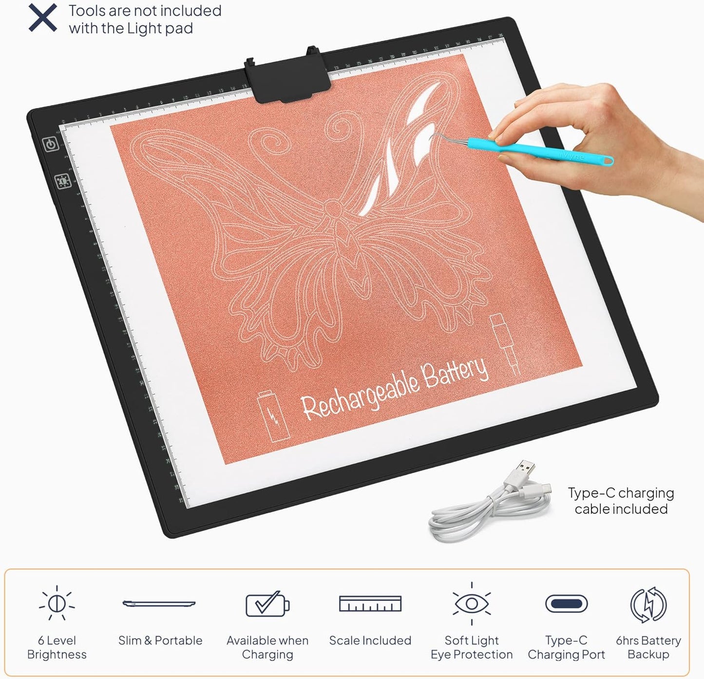 iVyne Rechargeable A3 Light Pad for Diamond Painting - LED Light Board for Weeding & Tracing - Diamond Art Light Pad - Ultra-Thin & Portable - Perfect for Artists & Crafters - Blue