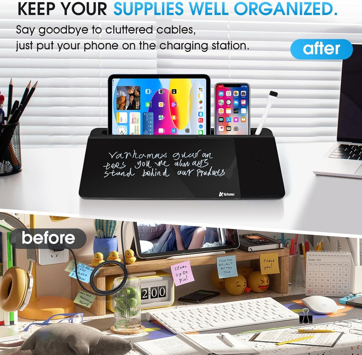 Varhomax Glass Weekly Planner Desk White Board, Desktop Calendar Whiteboard with Storage, to Do List Memo Caddy for Home Office and School Supplies, Black