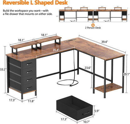 Korfile 59 inch L Shaped Computer Desk with Power Outlets, Home Office Desk with 4 Adjustable Storage Drawers & 2 Monitor Stands, Two Person Gaming Table for Bedroom, Black