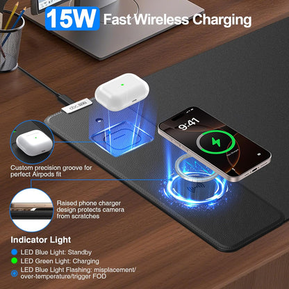 Wireless Charging Mouse Pad with Foldable Phone Holder, 31.5"x15.8" Large Desk Mat for Laptop/Keyboard, Waterproof Ultra-Smooth Surface, Non-Slip Base, Black