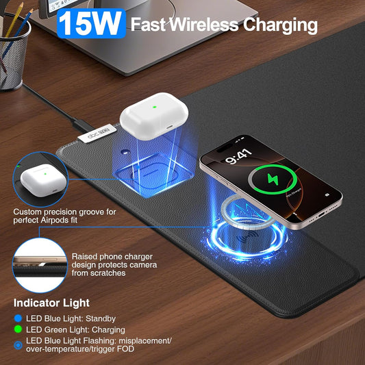 Wireless Charging Mouse Pad with Foldable Phone Holder, 31.5"x15.8" Large Desk Mat for Laptop/Keyboard, Waterproof Ultra-Smooth Surface, Non-Slip Base, Black
