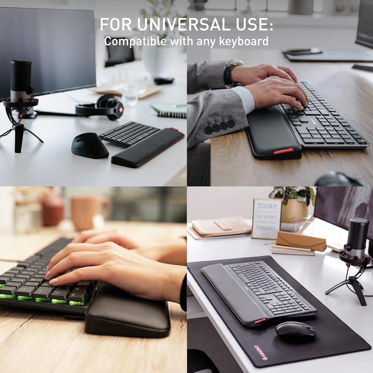 CHERRY PALMREST Ergo, Extra-Wide Ergonomic Wrist Rest, Compatible with Any Keyboard, Extendable Feet, 3 Different Tilt Angles, Comfortable, Non-Slip Bottom, Black