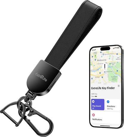 Keychain, Works with Apple Find My, Leather Car Keychain for Women and Men, Car Key Fob Holder, Key Chain with GPS Tracker, Anti-Lost Smart Keys Finder, Rechargeable, Black