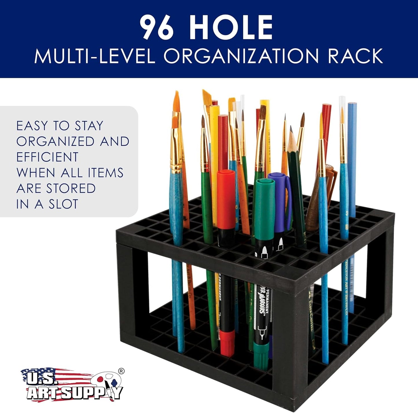 U.S. Art Supply Plastic Artist Round 50 Hole Paint Brush Holder and Organizer - Rack Holds Paintbrushes, Makeup Cosmetic Brushes, Pencils, Pens, Markers, Art Tools, Desk Stand - Students, Teachers
