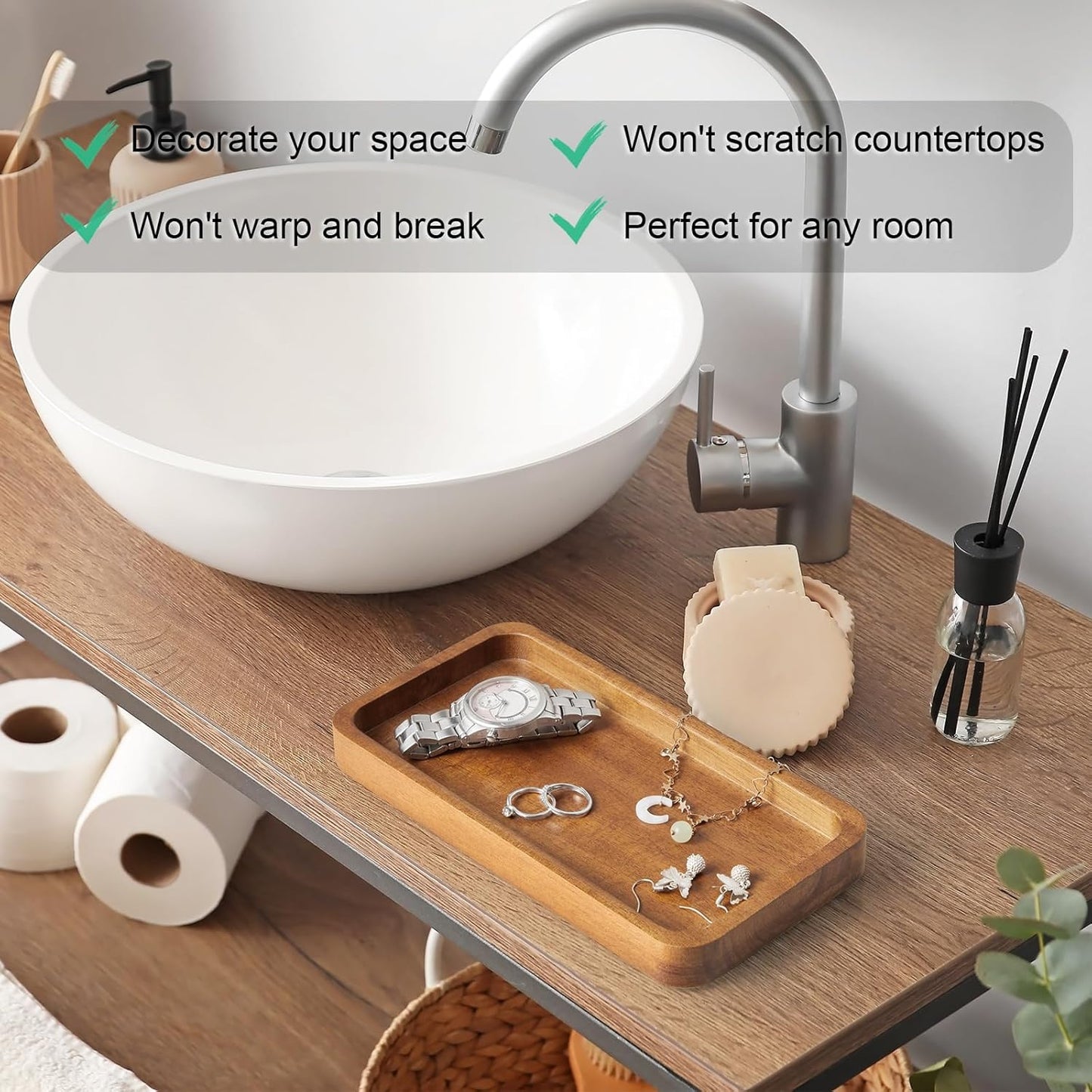 ALELION 8" Acacia Wood Bathroom Vanity Tray for Counter - Dresser Top Tray for Perfume Jewelry Candle Key Catchall - Small Kitchen Countertop Organizer for Soap Dispenser and Sponge Holder