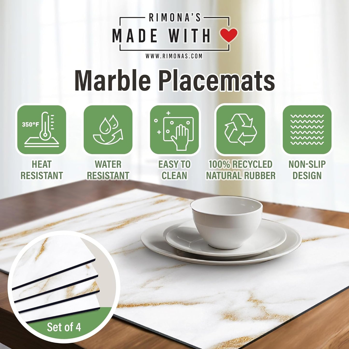 RIMONA'S Heat Resistant Cork Placemats Set of 4 - Natural Fine Cork, Waterproof, Heat Proof Table Protector, Non-Slip, Ideal for Gifting, Mother-in-Law Gift, All-Natural Hard Placemats