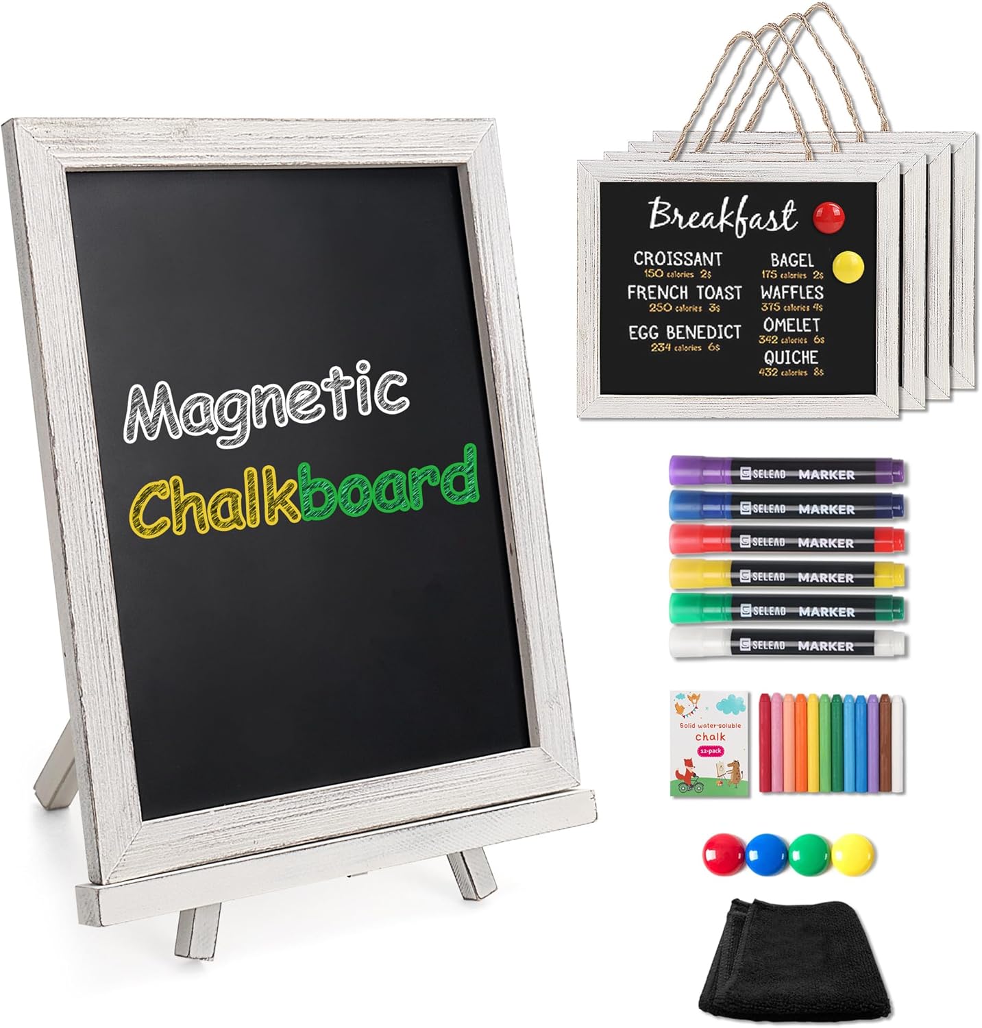 SELEAD 100% Real Wood Frame Magnetic Chalkboard with Stand - 10x12 Inch Small Tabletop/Hanging Chalk Board Words Sign Board, Message Menu Board for Cafe, Business, Wedding - Vintage White