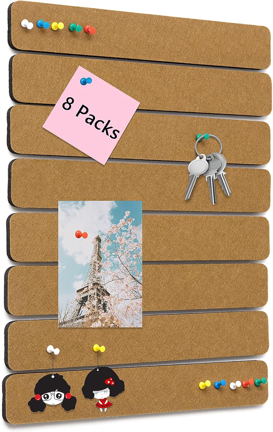 Felt Pin Board Bar Strips Bulletin Board for Bedrooms Offices Home Wall Decoration, Notice Board Self Adhesive Cork Board with 35 Push Pins for Paste Notes, Photos, Schedules