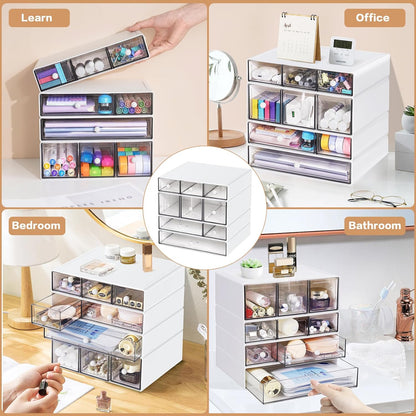 Desk Storage Organizer with 9 Drawers, 4 Tiers Stackable Desktop Craft Storage Drawers, Clear Storage Box Caddy for Stationary Makeup Jewelry Office Craft Supplies (Green)