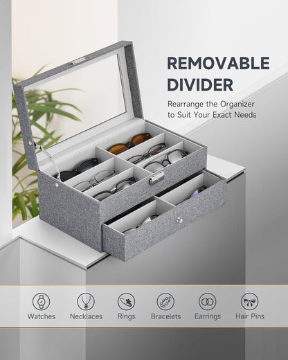 CO-Z Sunglasses Organizer with 12 Slots, Multiple Eyeglasses Eyewear Display Case for Women Men, 2 Story Leather Multi Sunglasses Jewelry Collection Holder with Drawer