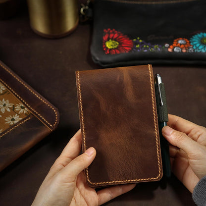 Genuine Leather 3x5 Top-Spiral Notebook Cover, Pocket Notepad Holder Compatible with Rite in the Rain 3" x 5" Memo Pads, Hand-Stitched EDC Case
