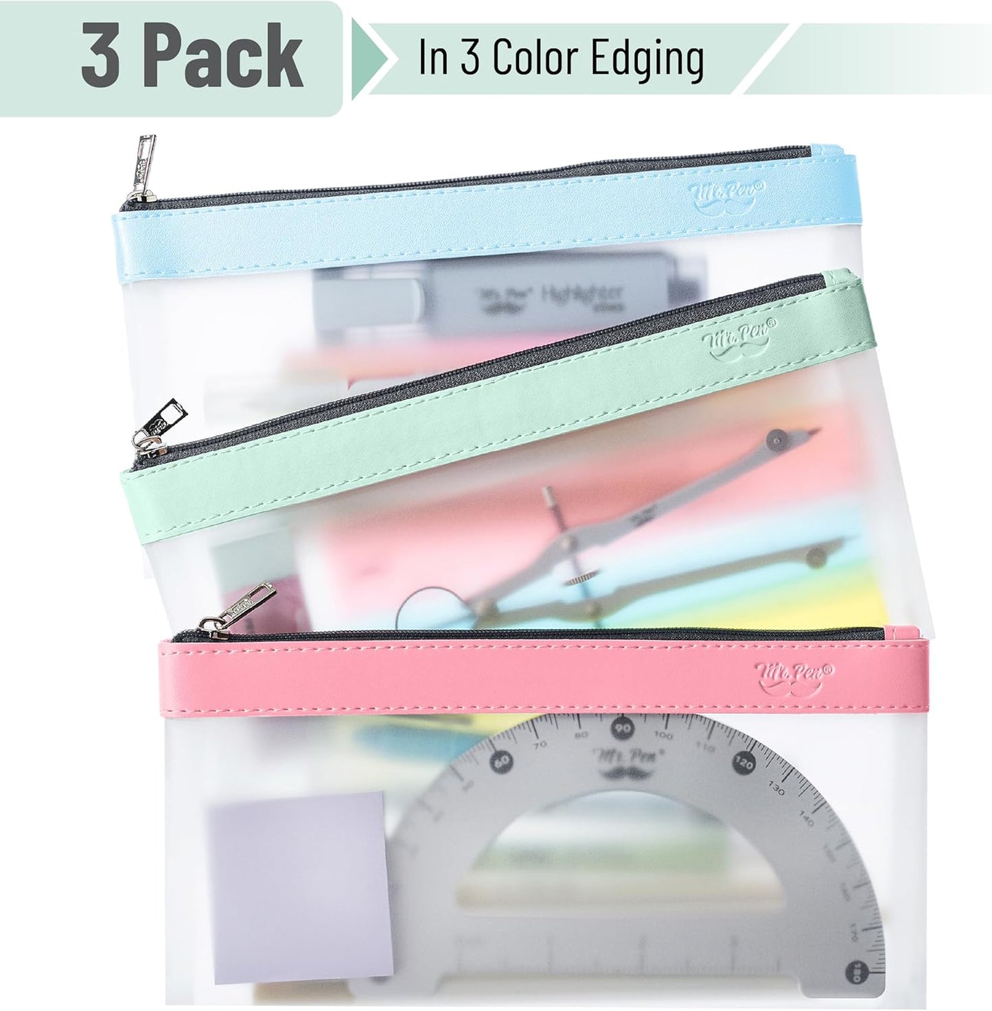 Mr. Pen- Clear Pencil Pouch, 8.50"x4.25", 3 Pack, Durable TPU Material, Medium Water-Resistant Pencil Bags with Smooth Zipper, Multipurpose Clear Pouch for Stationery, School, Office, Travel Supplies