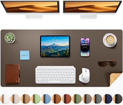 Aothia Dual-Sided Desk Pad - 25.6x13.7 inches Leather Desk Mat, Natural Cork Desk Pad Protector, Large Mouse Pad for Desk, Waterproof Desk Blotter Pad, Desk Writing Pad for Office Work/Home, Black