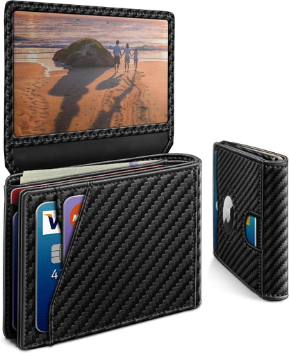miyozi AirTag Wallet for Men, Slim Leather Bifold with Holder Slot, 2 ID Windows & 13 Card Slots, RFID Blocking Front Pocket Wallet with Gift Box