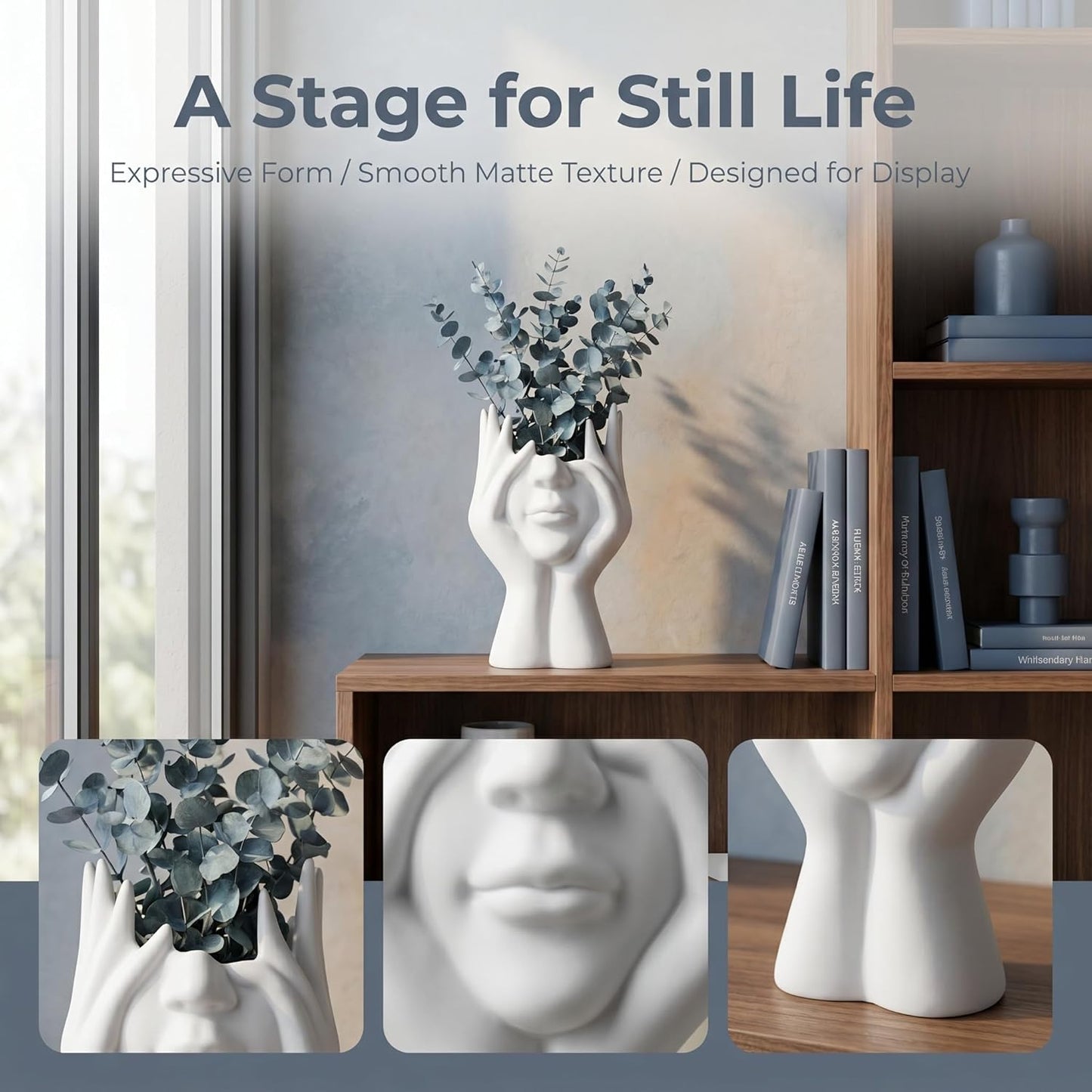 Pen Holder for Desk, Creative Face-Holding Art Sculpture Multi-Functional Organizer, Home Decor Figurine & Artificial Flower Vase Base, Desk Makeup Brush Holder, Unique Gift