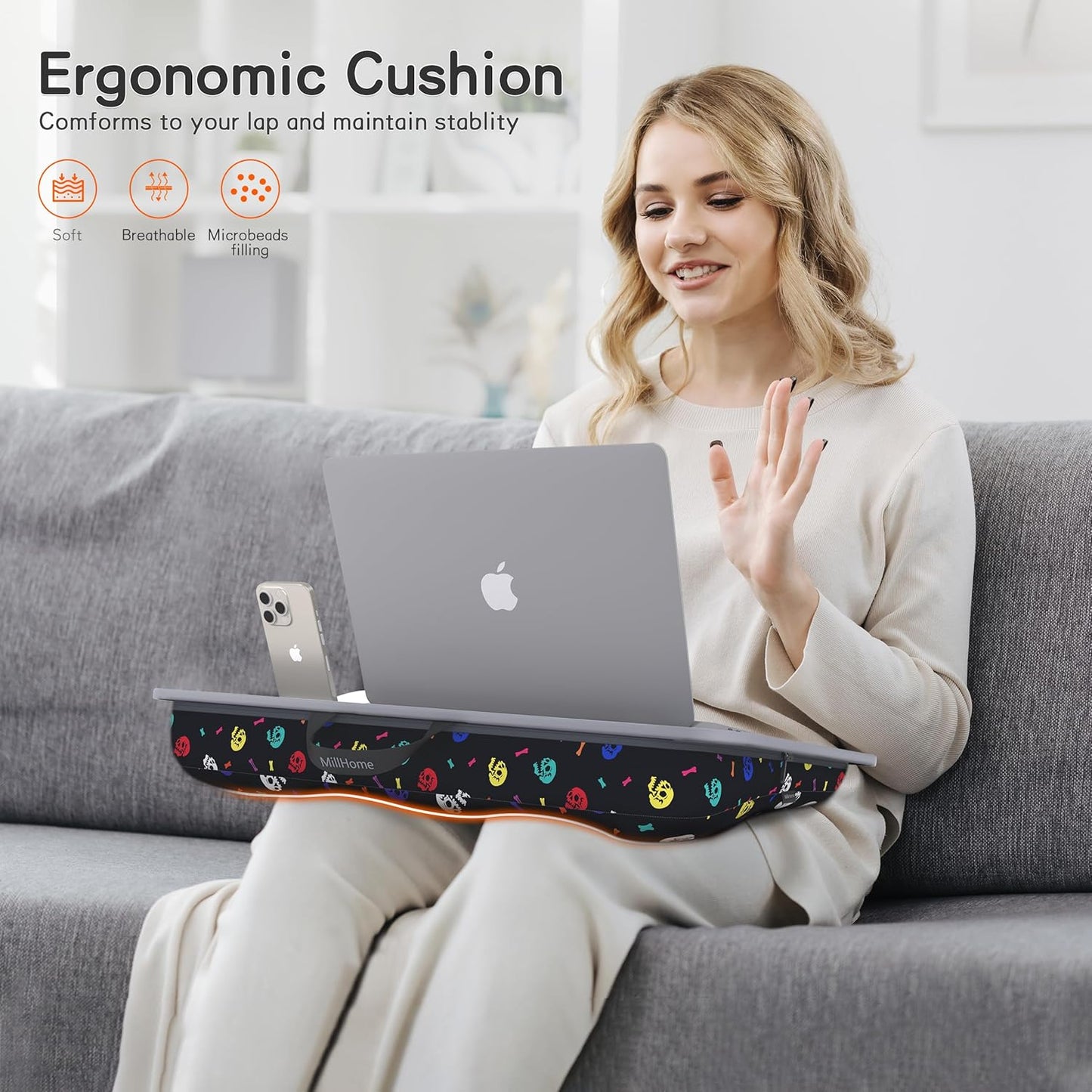 Lap Desk with Cushion, Fits up to 17 inch Laptop, Pillow Designed, Portable Laptop Stand with Tray, Pad & Phone Holder, Home Office for Bed/Couch/Car/Reading/Writing,MillHome (Black)