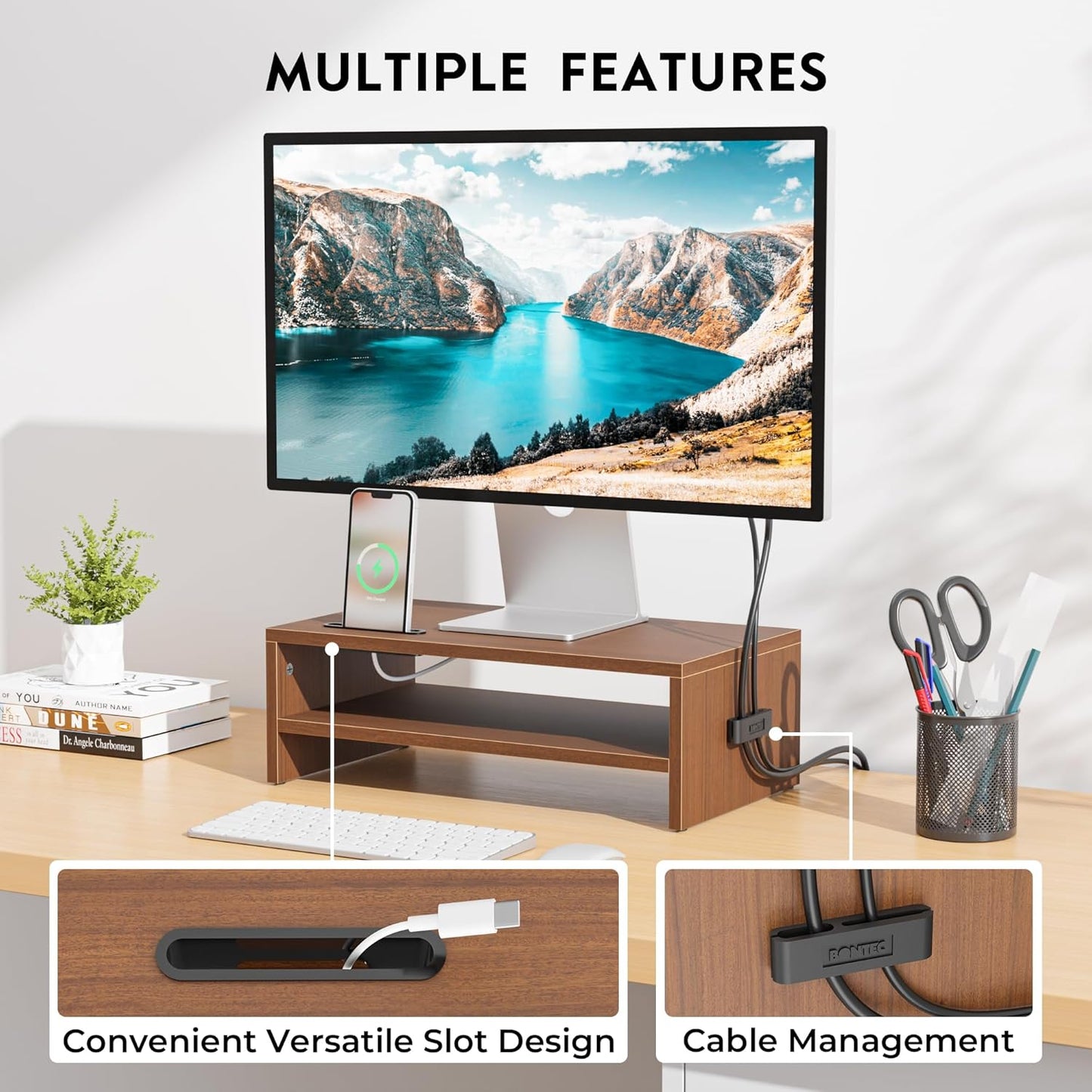 BONTEC Wooden Monitor Stand Riser for Desk, 2-Tier Computer Monitor Stand with Storage, 66 lbs Desk Shelf Organizer, Laptop & Printer Stand with Phone Holder and Cable Management, White, 16.5 Inch