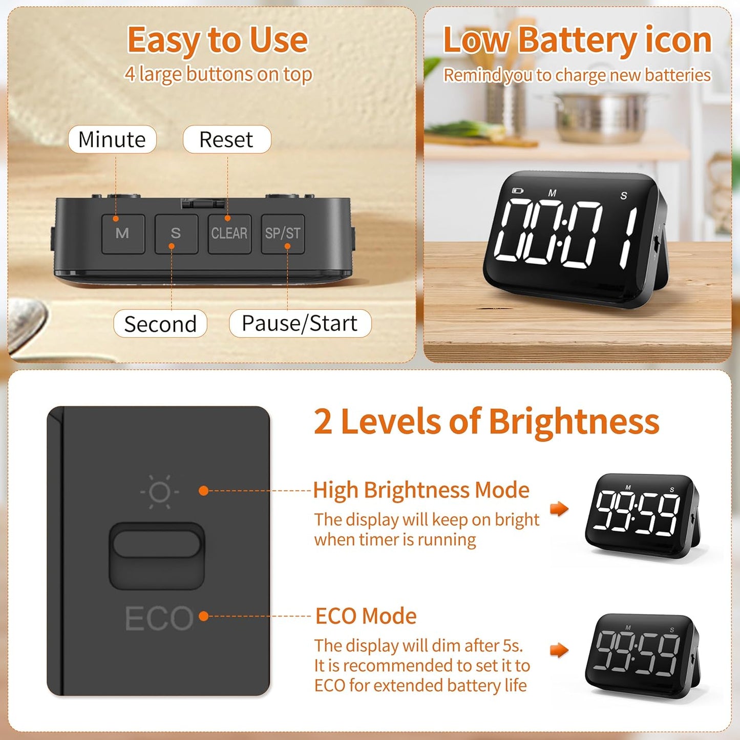 VOCOO Magnetic Kitchen Timer for Cooking with Count Up Countdown, Digital Timer Battery Powered with Large Display, 2 Brightness and Volume Levels for Classroom, Teacher, Kids