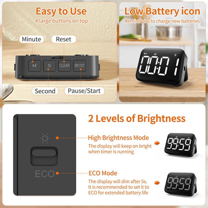 VOCOO Magnetic Kitchen Timer for Cooking with Count Up Countdown, Digital Timer Battery Powered with Large Display, 2 Brightness and Volume Levels for Classroom, Teacher, Kids