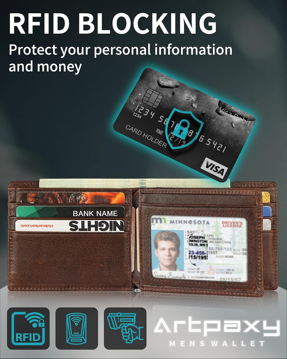 Mens Wallet With AirTag Holder, Bifold Leather RFID Blocking 1-2 ID Windows 12-13 Card Holders, Gift Box and Screen Protector Included, AirTag Not Included