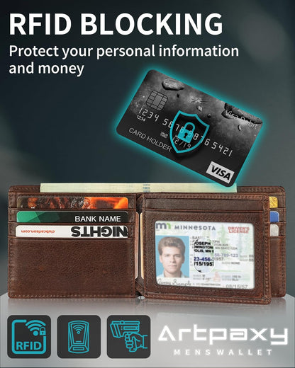 Mens Wallet With AirTag Holder, Bifold Leather RFID Blocking 1-2 ID Windows 12-13 Card Holders, Gift Box and Screen Protector Included, AirTag Not Included