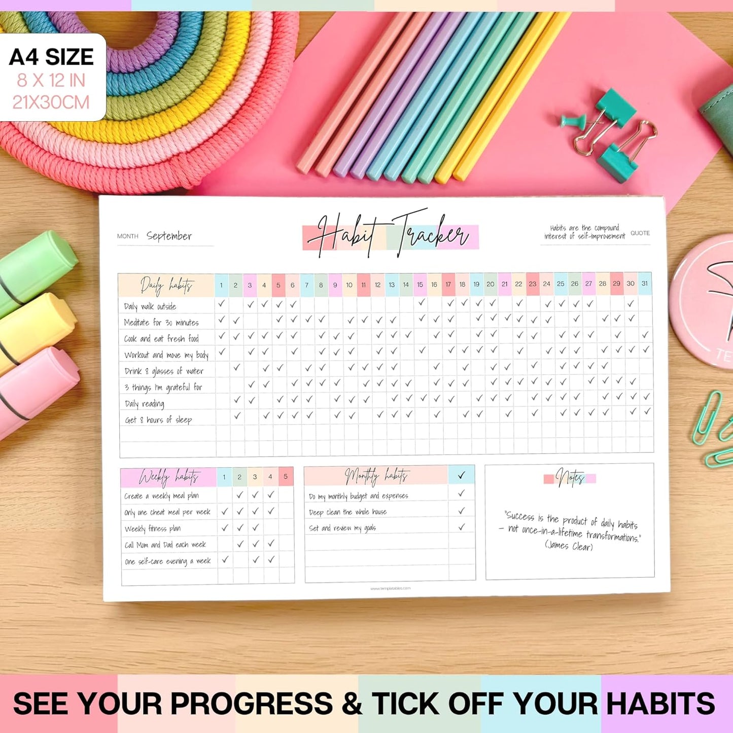 Habit Tracker Desk Pad A4 – Daily Weekly & Monthly Habit Tracker Pad – Productivity & Goal Planner Deskpad – 50 Tear-Off Sheets, 120gsm Premium Paper (Colorful)