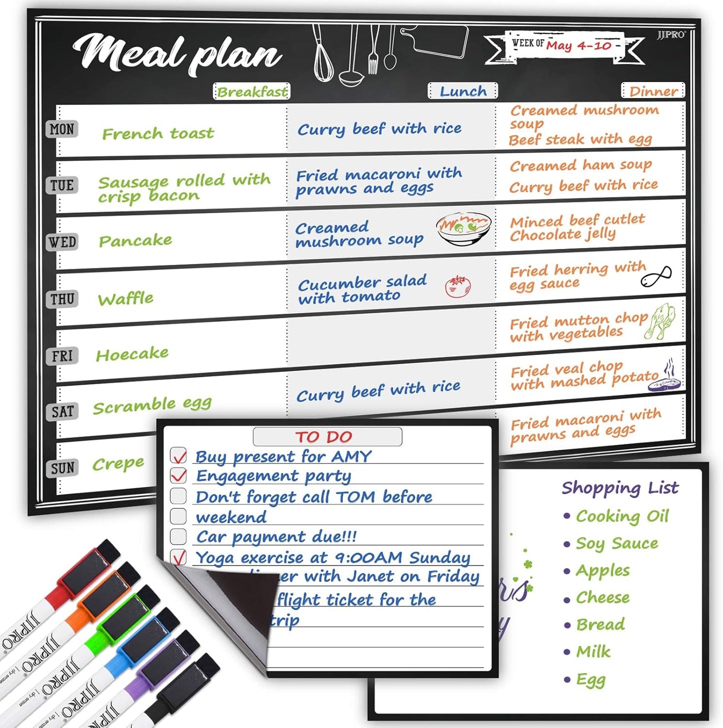 JJPRO Magnetic Dry Erase Meal Planning Whiteboard for Refrigerator-Magnetic Weekly Planner for Fridge-One Bonus Notepad whiteboard-Refrigerator Organizer with Weekly Planning Boards