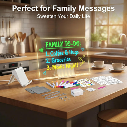 LED Drawing Board, 13.8"X10", Acrylic Note Board with Colors, Include Adapter, Acrylic Dry Erase Pad with Light 4 Modes & 7 Colors, 8 Markers, Stand, Hanging Chain, 2 Gel Clings, Holiday Gift