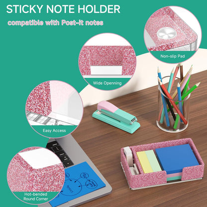 Sticky Note Holder, Glitter Pink Acrylic Notepad Holder 3x3 in Self-Stick Note Dispenser Office Desk Accessories, Memo Pad Holder Organizer for Classroom School Supplies