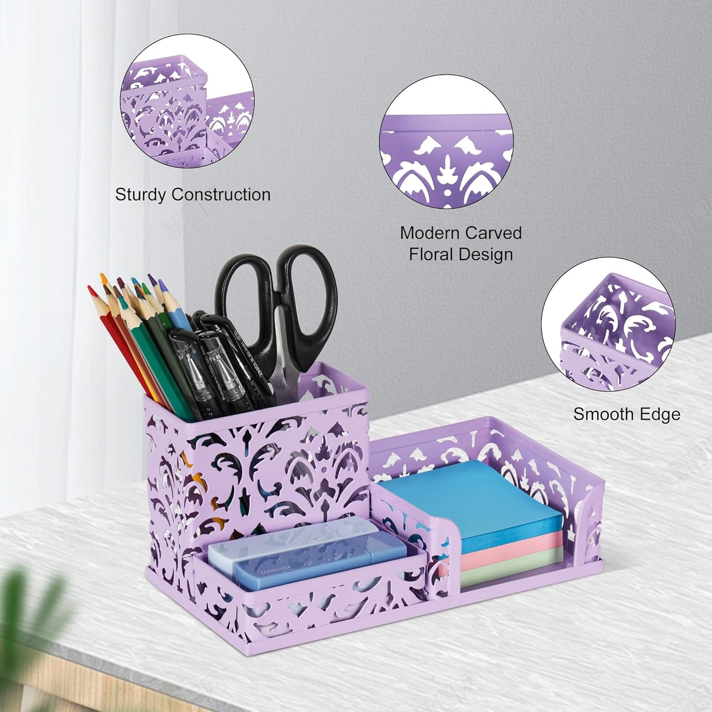 EasyPAG Desk Organizer with 3 Compartment for Pencil Sticky Note Holder and Office Accessories,White