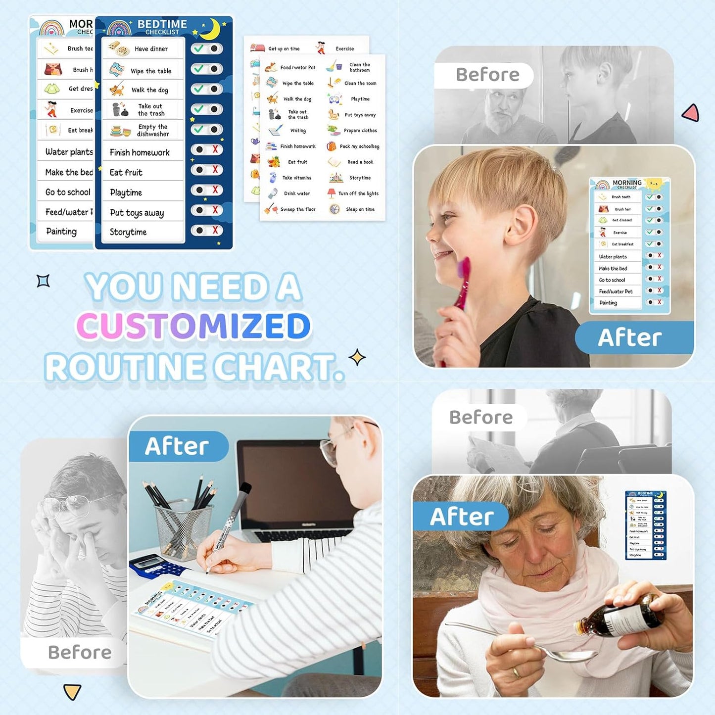 Chore Chart for Kids: Dry Erase Visual Schedule, Magnetic Bedtime/Morning Routine Chart - Toddler Chore Board, Checklist, To Do List for Kids (2 morning checklists, 2 bedtime checklists)