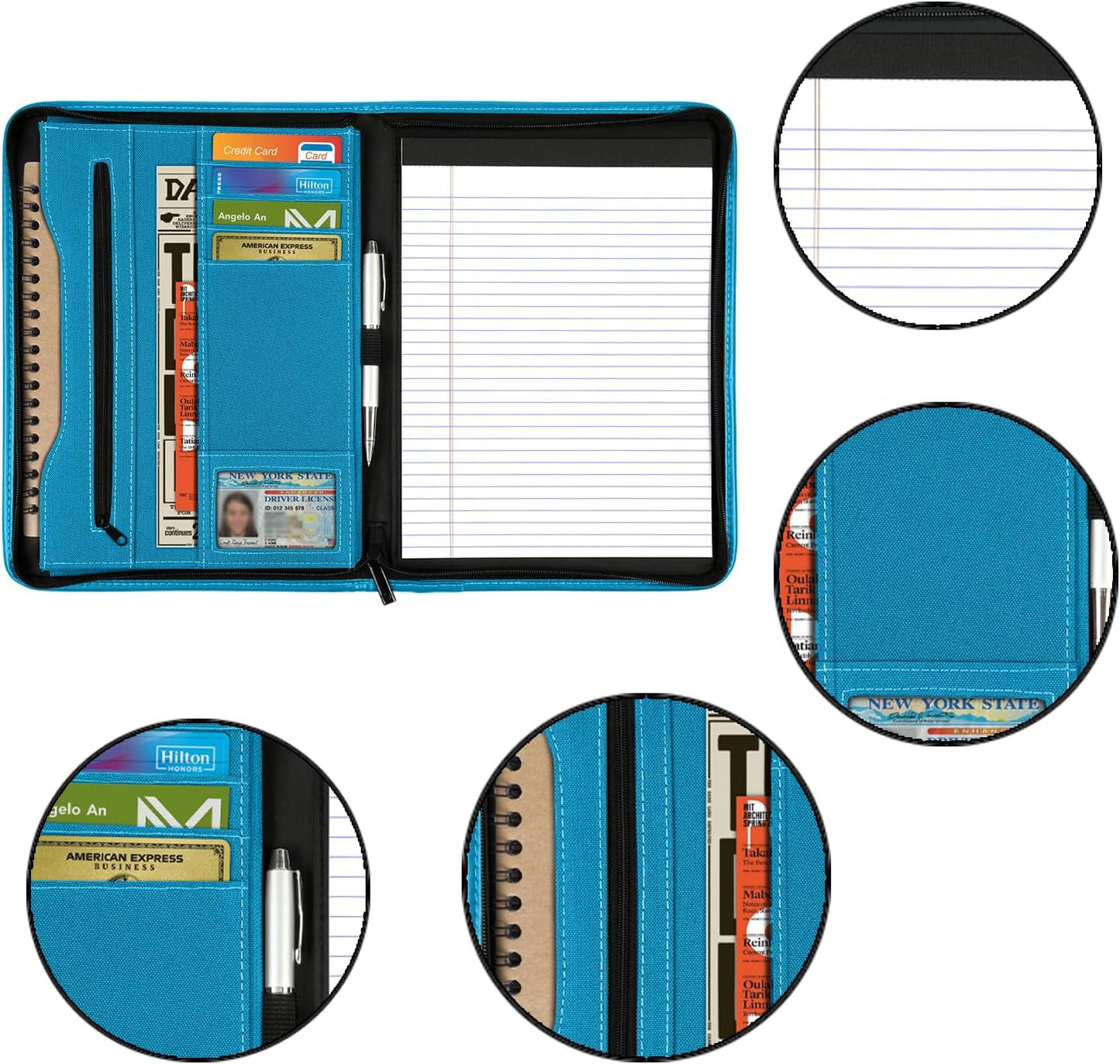 Zippered Portfolio Organizer/ A4 Refillable Lined Writing Notepad Folder Case/Fabric-Covered Padfolio Binder with Interior Storage Pocket for Men Women.Classic Black