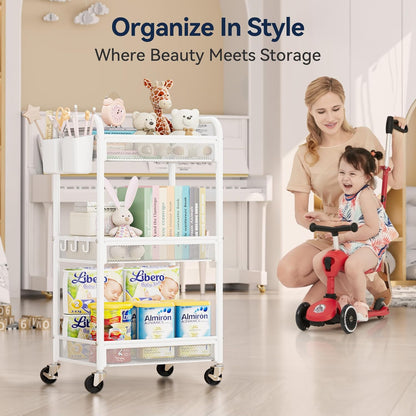 YASONIC 3 Tier Rolling Cart – Metal Utility Storage Carts with Wheels, Craft Carts Organizer with Hanging Cups, Hooks, Mesh Basket for Bedside Kitchen Office Art, Green
