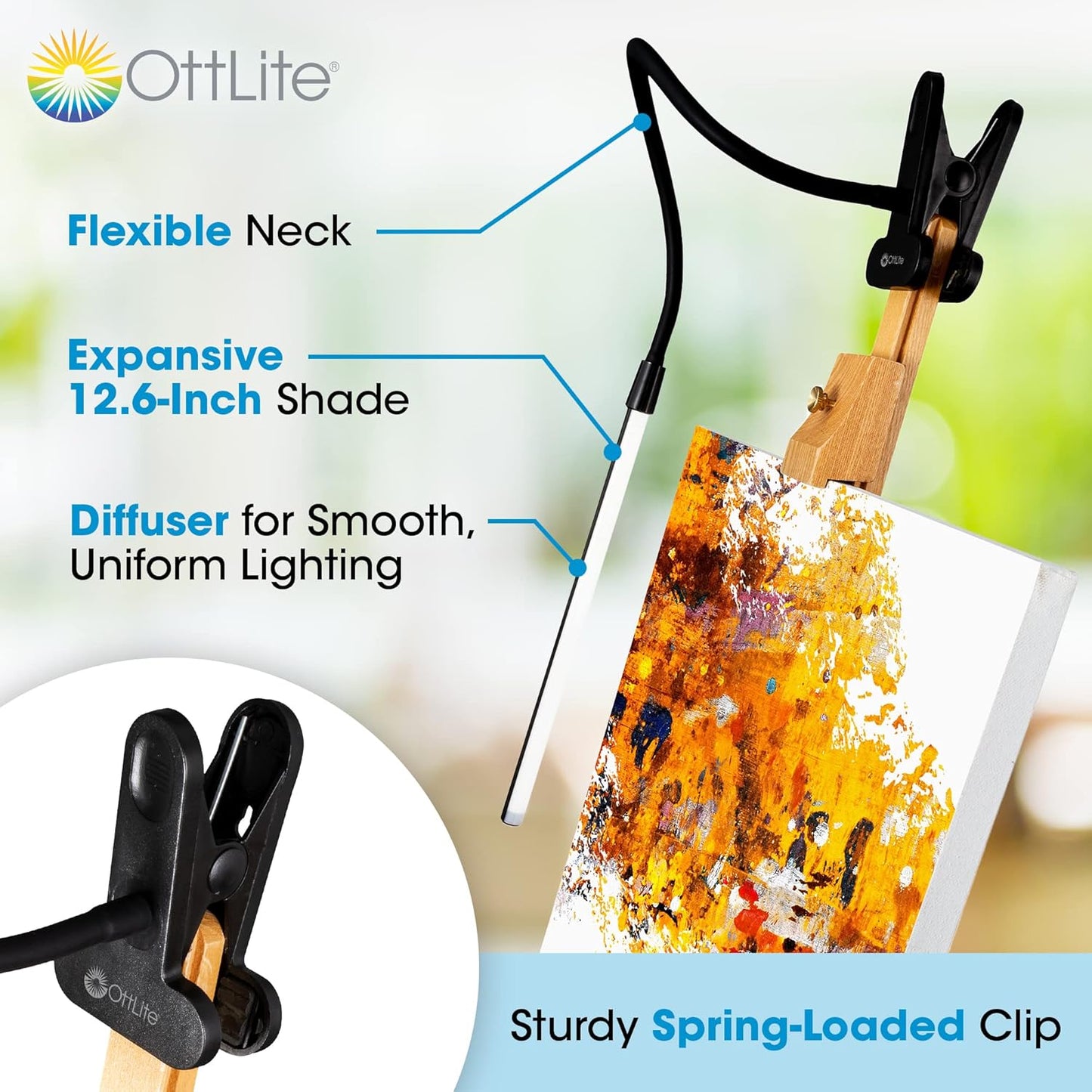 OttLite Clip-On LED Easel Lamp with ClearSun LED Technology - Sturdy Clip Light with On/Off Switch Cord - Adjustable & Flexible Neck for Precise Lighting, Piano, Computer Desks, Shelves & Tables
