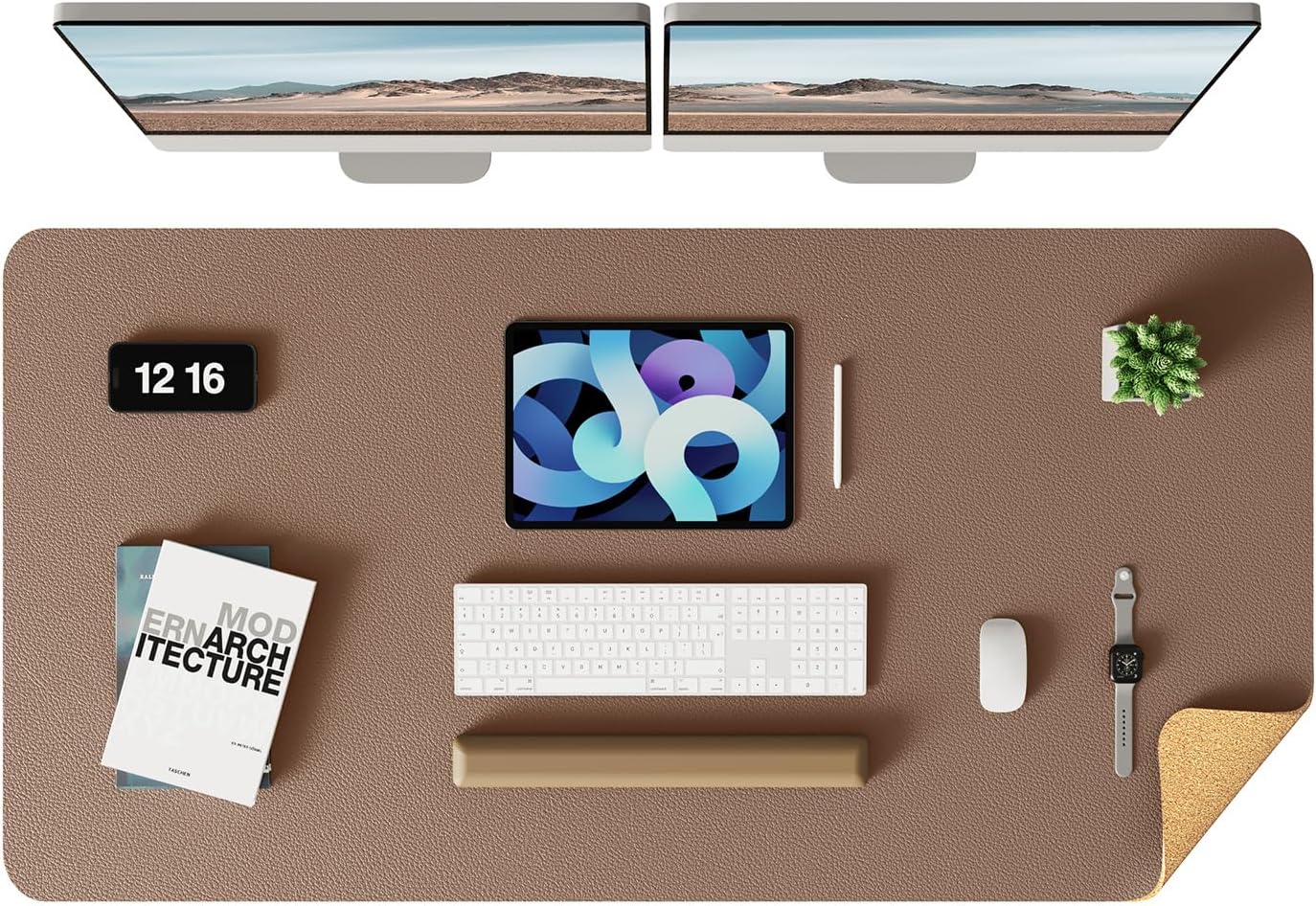 YSAGi Double-Sided Desk Pad, 31.5"x15.7"Leather Desk Mat, Eco Cork Desk Pad Protector,Large Mouse Pad,Waterproof Desk Blotter for Office/Home(Coffee)