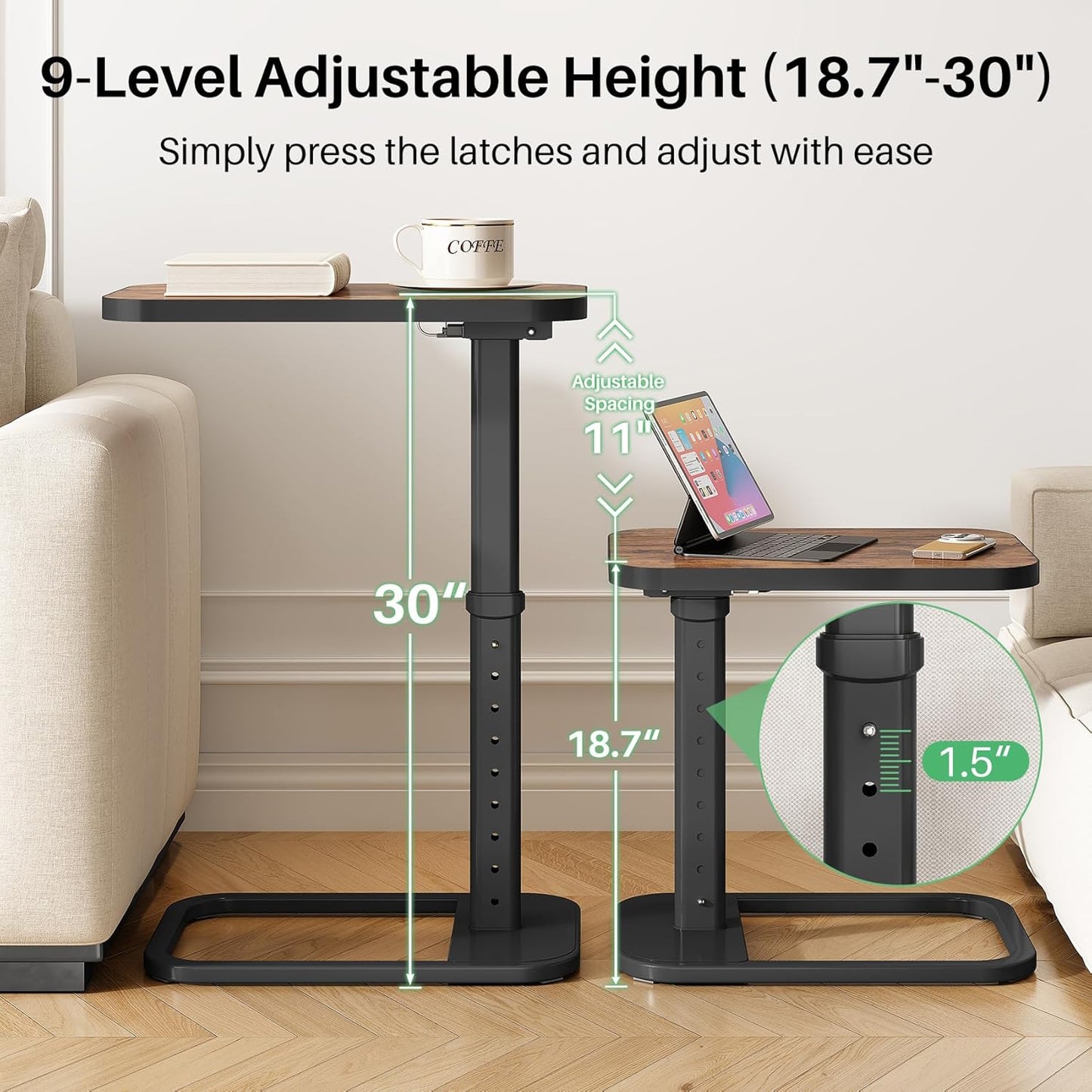Kitstorack TV Tray Table, Adjustable Height & Flip-Top & Rounded Metal Corners, Snack Table for Couch, Sofa, Bed, Chair, Living Room, C Shaped End Side Table for Eating, Dinner or Laptop, Small Spaces