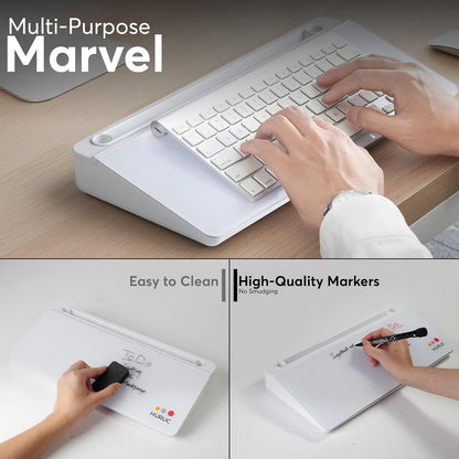HURUC Small Glass Desktop Whiteboard with Storage,15.3"x7.08"x2.16" inch Desktop Dry Erase Board with Markers & Duster, Desk White Board Buddy Organizer for Home, Office, School (Black)