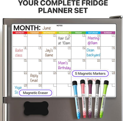 Magnetic Whiteboard for Fridge - Large Dry Erase Calendar for Wall | 2 Magnetic Dry Erase Board 10.5" x 16.5" & 7" x 16.5", Monthly Goal Setting & Habit Tracker, 5 Markers and 6 Adhesive Hooks