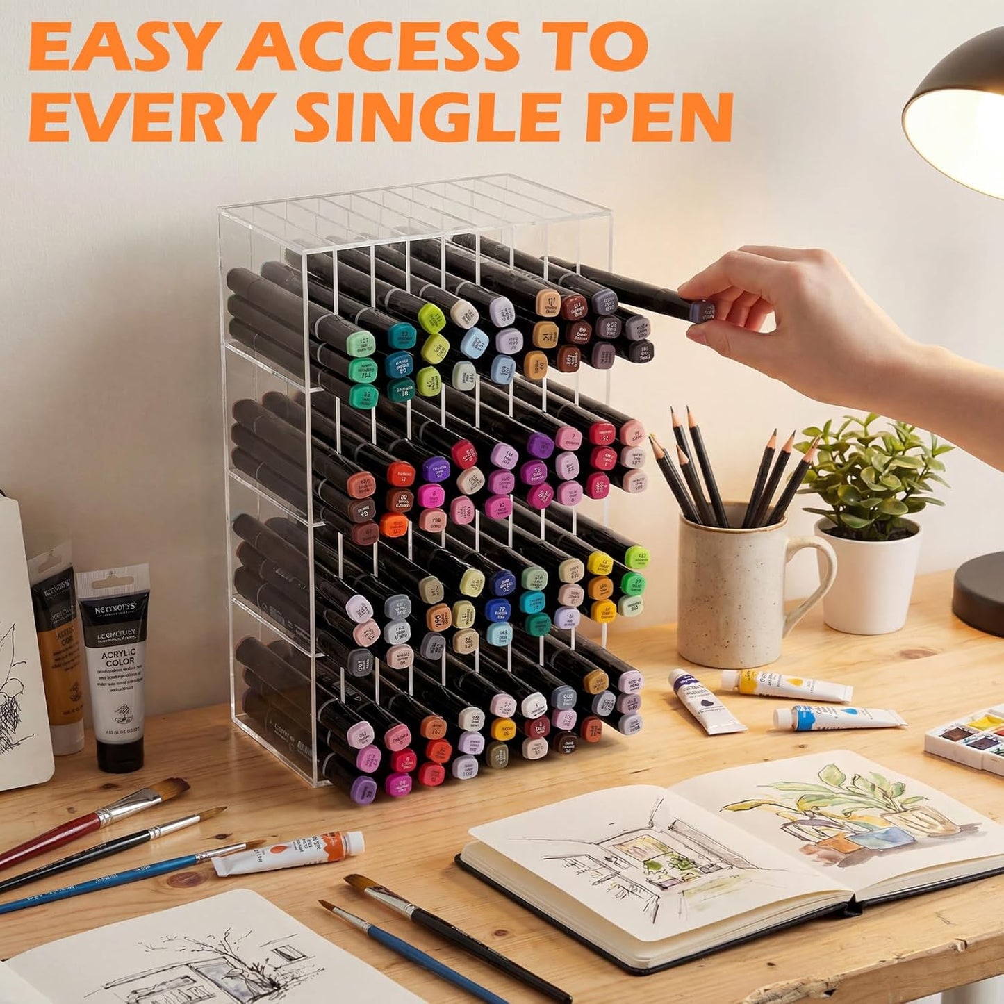 Colingmill Acrylic Marker Organizer for 480 Markers, Extra Large Art Marker Storage Rack for Desk, Durable Pencil Holder Desk Storage for Artists Teachers Students Office Birthday Gifts(Large)