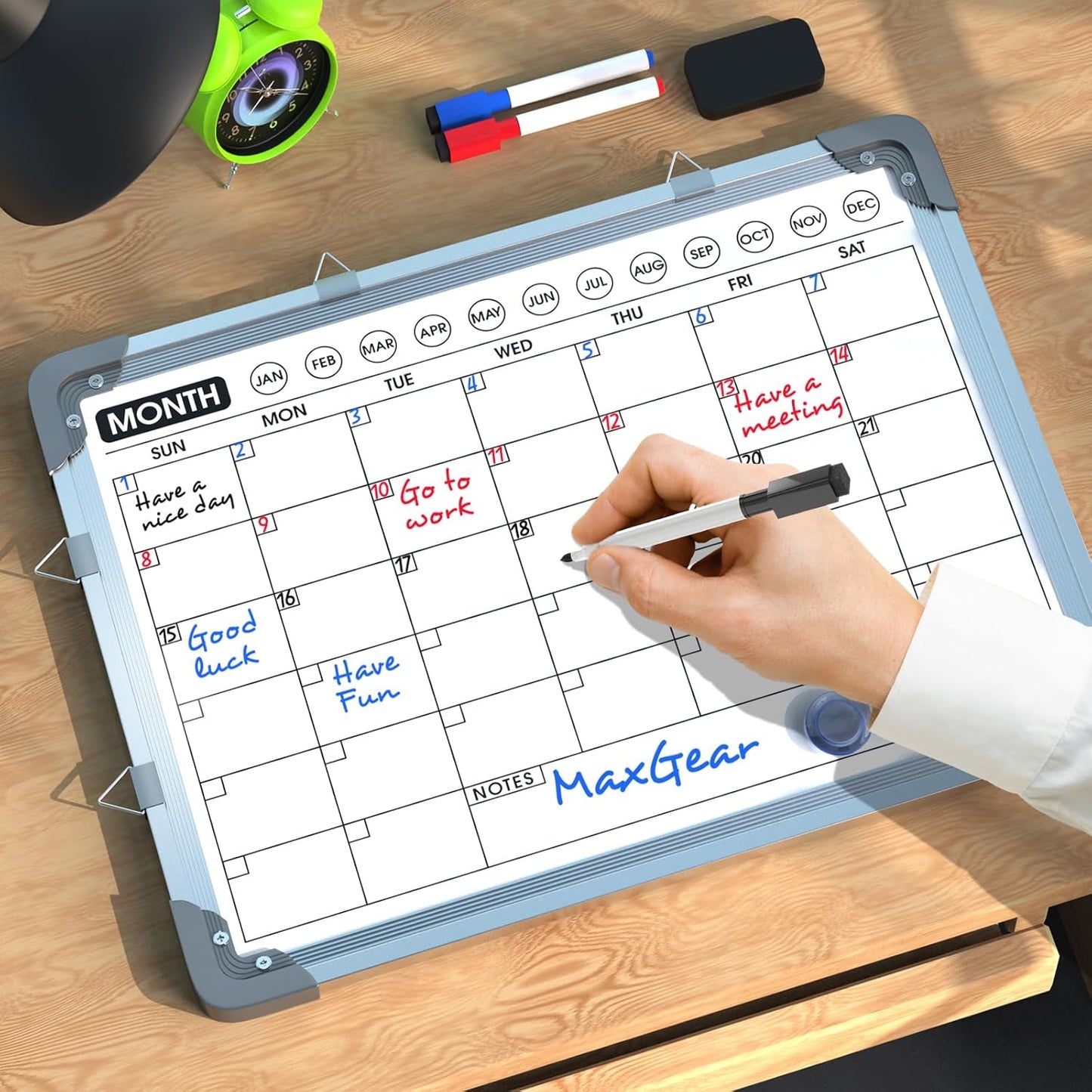 MaxGear Monthly Calendar Dry Erase Board for Wall, 16"x12" Small Hanging Double-Sided White Board, Portable Whiteboard for Planning, Drawing, Memo, to Do List, School, Home, Kitchen, Office