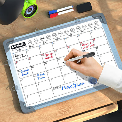 MaxGear Monthly Calendar Dry Erase Board for Wall, 16"x12" Small Hanging Double-Sided White Board, Portable Whiteboard for Planning, Drawing, Memo, to Do List, School, Home, Kitchen, Office