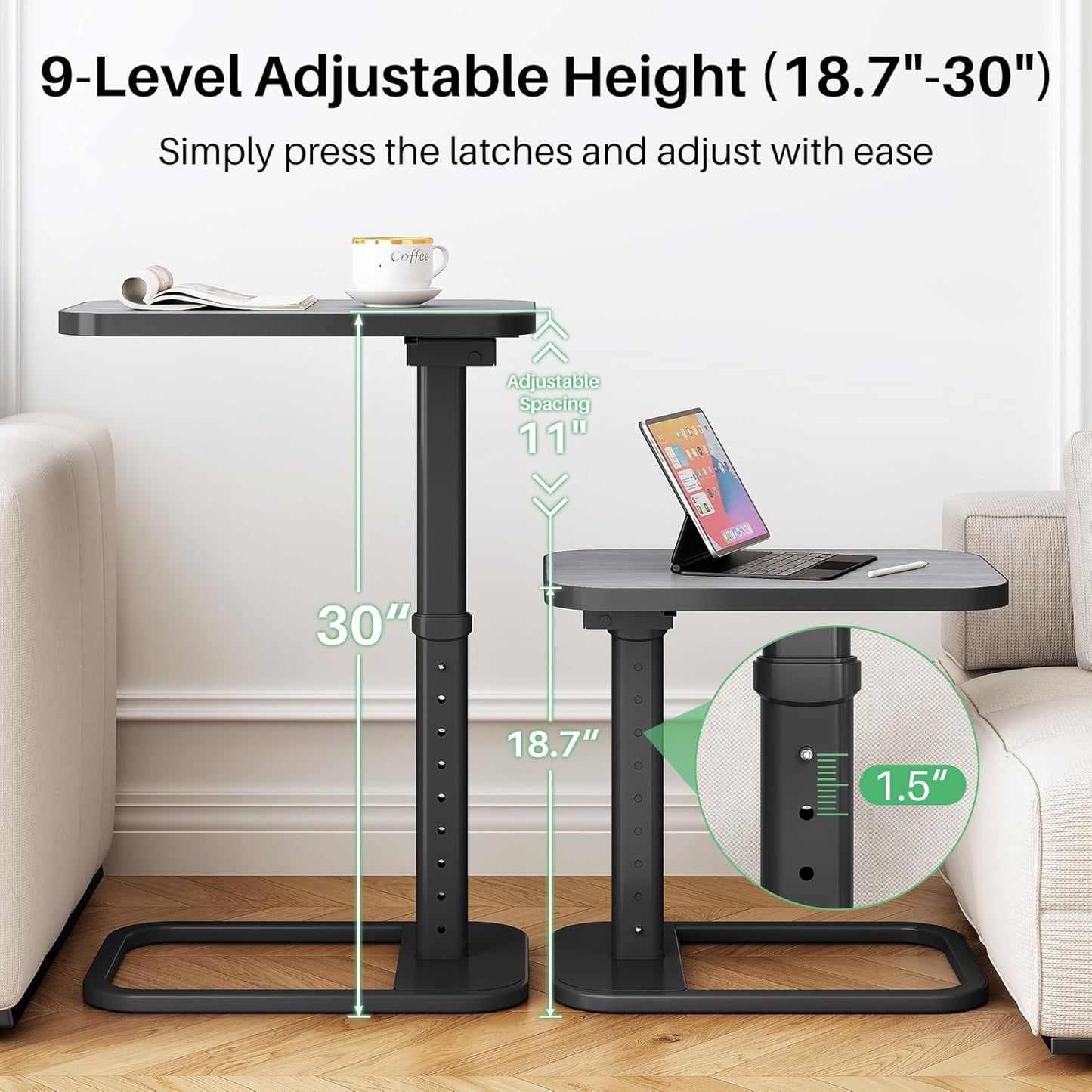 Kitstorack TV Tray Table, Adjustable Height & Flip-Top & Rounded Metal Corners, Snack Table for Couch, Sofa, Bed, Chair, Living Room, C Shaped End Side Table for Eating, Dinner or Laptop, Small Spaces