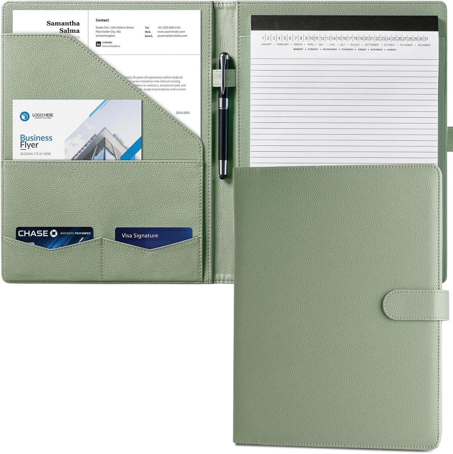 Mymazn Padfolio Portfolio Folder, Faux Leather Interview Resume Folder with Document Organizer & Business Card Holder, Letter-Sized Notepad Legal Pad Holder for Men Women (Sage Green)