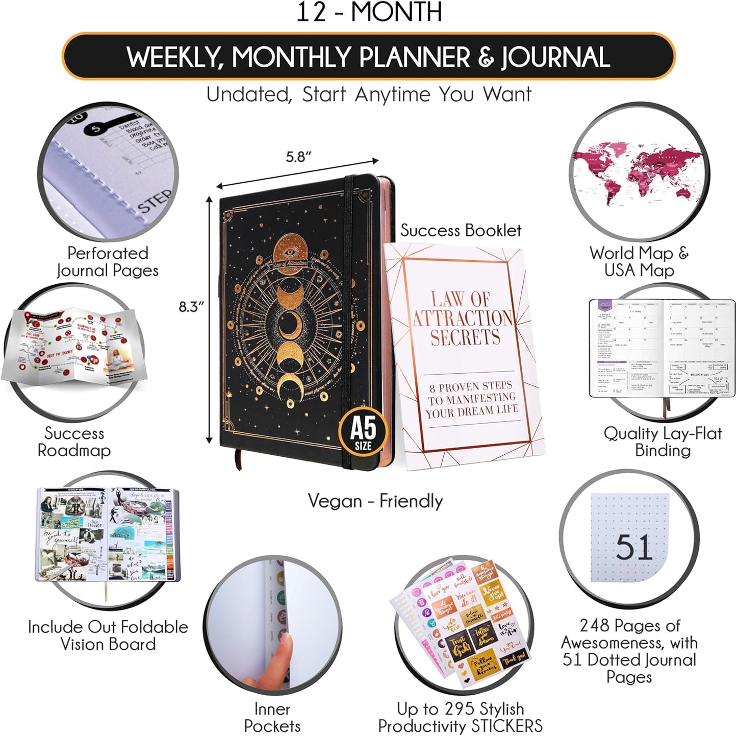 Life Planner - Undated Weekly & Monthly Planner, 12-Month Journey to Increase Productivity | Gratitude Journal, Life Organizer & Goal Journal | Include Foldable Vision Board, Habit Tracker & Stickers