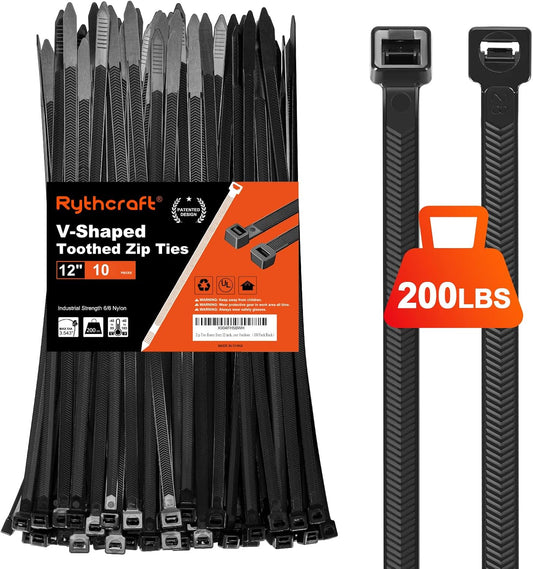 Zip Ties Heavy Duty 12 inch，V-Shaped Toothed Double Sided With 200 LBS Tensile Strength Cable Ties ，Extra Large Wire Ties Adjustable Nylon Tie Wraps for Indoor Outdoor Patented Design（80 Pack Black）