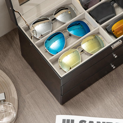 ProCase 3-layer Sunglasses Storage Organizer, 18 Slots Leather Sunglass Box Multiple Pairs Eyeglass Cases Eye Glass Eyewear Display Holder for Men Women, Valentine's Day Gift -Black
