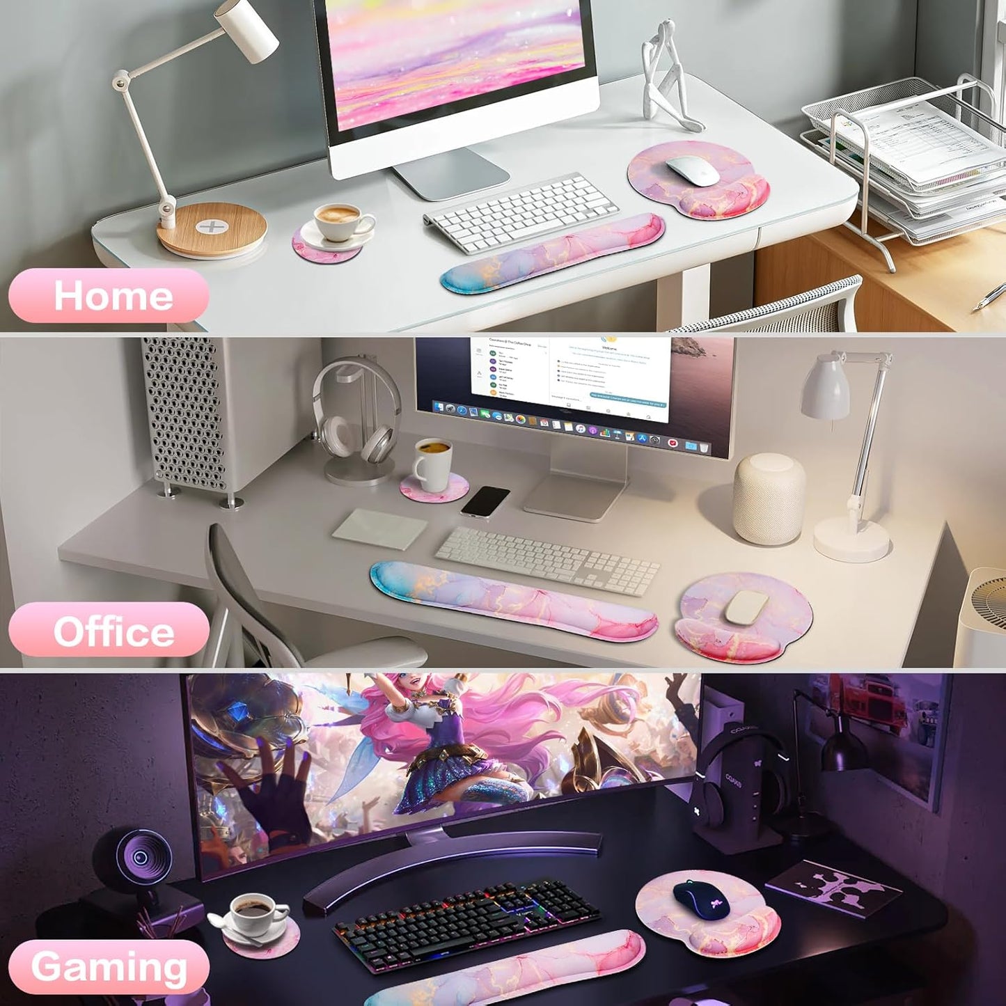 Ergonomic Keyboard Wrist Rest, Mouse Pad with Wrist Rest Anime, Cat Gaming Mousepad with Wrist Support, Memory Foam Wrist Rest Set for Computer Keyboard, Funny Cute Office Desk Accessories