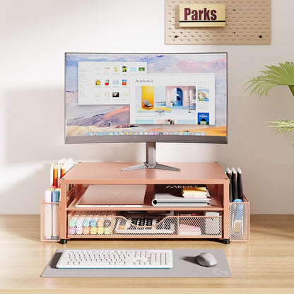 OPNICE Wood Desk Organizers and Accessories, 2-Tier Computer Monitor Stand Riser with Drawer and 2 Pen Holders, Laptop Stand, Office Desk Accessories for Office Supplies, Brown