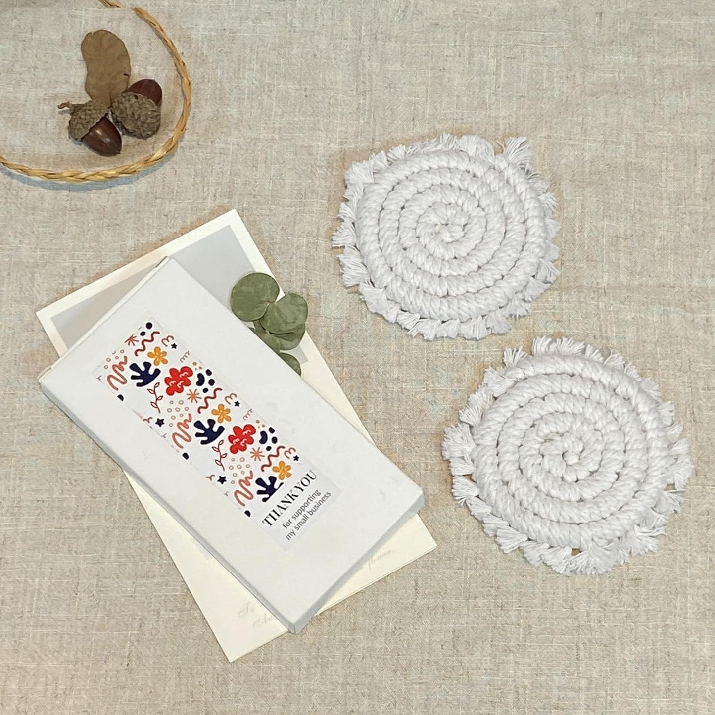 7.4in Boho Coasters for Drinks, Handmade Woven Absorbent Coasters for Desk, Farmhouse Cute Coaster for Mugs Cups - Gifts for Women, Beige