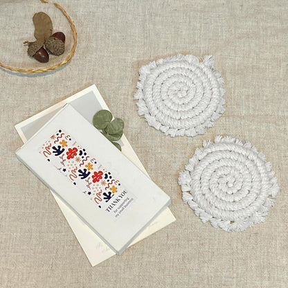 7.4in Boho Coasters for Drinks, Handmade Woven Absorbent Coasters for Desk, Farmhouse Cute Coaster for Mugs Cups - Gifts for Women, Beige